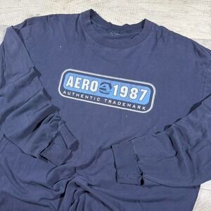 thrashed, navy blue and blue Aeropostale surfwear box logo graphic T-shirt